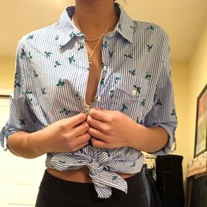 Bird-designed blue striped button-down dress shirt